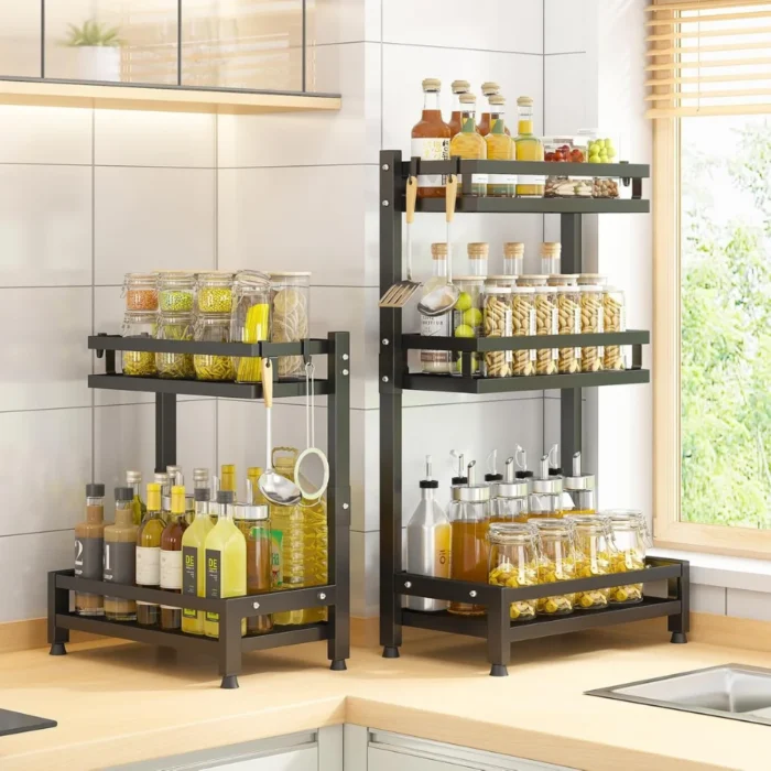 2 layer countertop spice rack, kitchen spice rack organizer, black spice rack shelf, countertop kitchen rack, metal spice rack, condiment shelf, spice organizer UAE, rackstore.ae