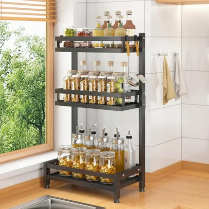 3 layer countertop spice rack, black spice rack organizer, kitchen spice storage, countertop spice shelf, metal spice rack, kitchen organizer rack, spice shelf for kitchen, rackstore.ae
