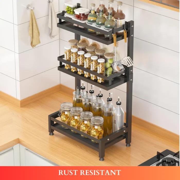 3 layer countertop spice rack, black spice rack organizer, kitchen spice storage, countertop spice shelf, metal spice rack, kitchen organizer rack, spice shelf for kitchen, rackstore.ae