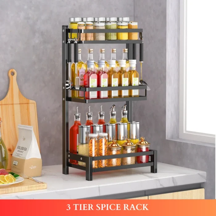 3 layer countertop spice rack, black spice rack organizer, kitchen spice storage, countertop spice shelf, metal spice rack, kitchen organizer rack, spice shelf for kitchen, rackstore.ae