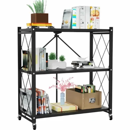 foldable kitchen storage rack, 3 tier shelf with wheels, kitchen organizer rack, carbon steel storage shelf, foldable metal rack, black rolling shelf, multipurpose shelf for home, kitchen rack with lockable wheels, foldable storage stand, portable utility rack