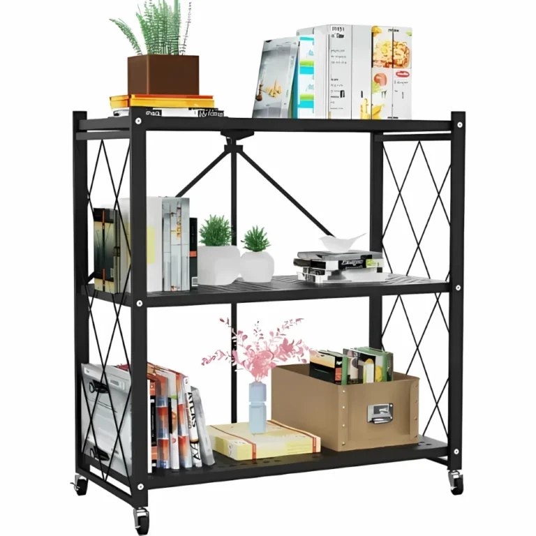 foldable kitchen storage rack, 3 tier shelf with wheels, kitchen organizer rack, carbon steel storage shelf, foldable metal rack, black rolling shelf, multipurpose shelf for home, kitchen rack with lockable wheels, foldable storage stand, portable utility rack