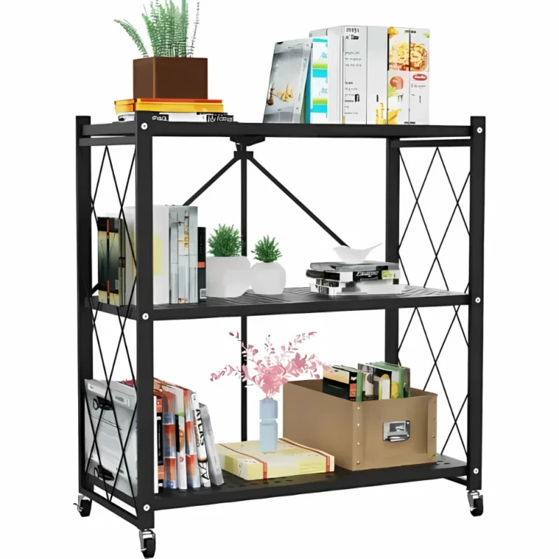 foldable kitchen storage rack, 3 tier shelf with wheels, kitchen organizer rack, carbon steel storage shelf, foldable metal rack, black rolling shelf, multipurpose shelf for home, kitchen rack with lockable wheels, foldable storage stand, portable utility rack