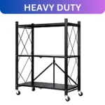 foldable kitchen storage rack, 3 tier shelf with wheels, kitchen organizer rack, carbon steel storage shelf, foldable metal rack, black rolling shelf, multipurpose shelf for home, kitchen rack with lockable wheels, foldable storage stand, portable utility rack