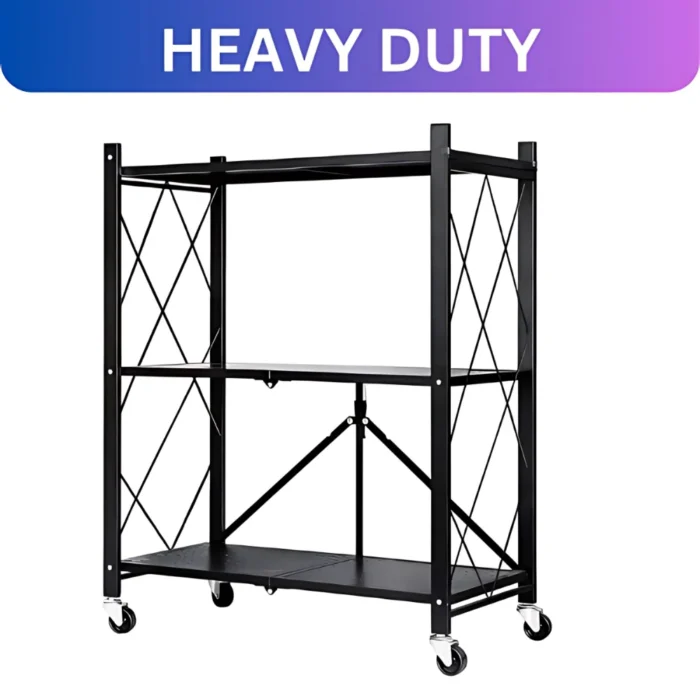 foldable kitchen storage rack, 3 tier shelf with wheels, kitchen organizer rack, carbon steel storage shelf, foldable metal rack, black rolling shelf, multipurpose shelf for home, kitchen rack with lockable wheels, foldable storage stand, portable utility rack