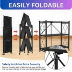 foldable kitchen storage rack, 3 tier shelf with wheels, kitchen organizer rack, carbon steel storage shelf, foldable metal rack, black rolling shelf, multipurpose shelf for home, kitchen rack with lockable wheels, foldable storage stand, portable utility rack