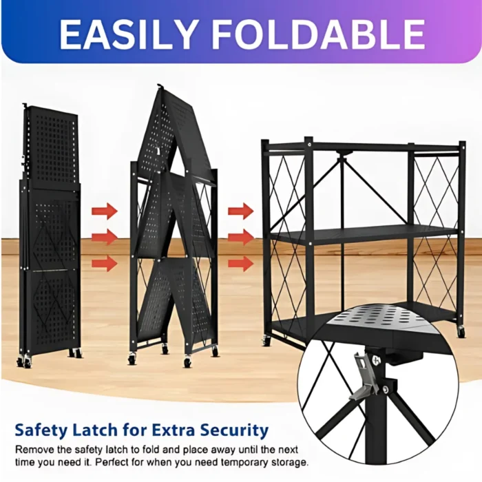 foldable kitchen storage rack, 3 tier shelf with wheels, kitchen organizer rack, carbon steel storage shelf, foldable metal rack, black rolling shelf, multipurpose shelf for home, kitchen rack with lockable wheels, foldable storage stand, portable utility rack