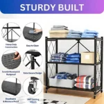 foldable kitchen storage rack, 3 tier shelf with wheels, kitchen organizer rack, carbon steel storage shelf, foldable metal rack, black rolling shelf, multipurpose shelf for home, kitchen rack with lockable wheels, foldable storage stand, portable utility rack
