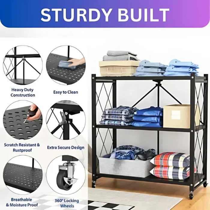 foldable kitchen storage rack, 3 tier shelf with wheels, kitchen organizer rack, carbon steel storage shelf, foldable metal rack, black rolling shelf, multipurpose shelf for home, kitchen rack with lockable wheels, foldable storage stand, portable utility rack