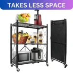 foldable kitchen storage rack, 3 tier shelf with wheels, kitchen organizer rack, carbon steel storage shelf, foldable metal rack, black rolling shelf, multipurpose shelf for home, kitchen rack with lockable wheels, foldable storage stand, portable utility rack