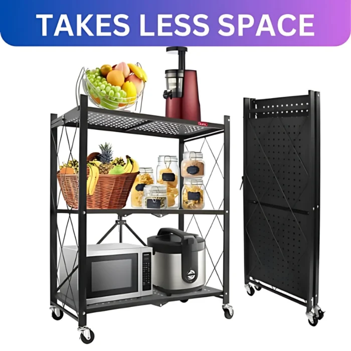 foldable kitchen storage rack, 3 tier shelf with wheels, kitchen organizer rack, carbon steel storage shelf, foldable metal rack, black rolling shelf, multipurpose shelf for home, kitchen rack with lockable wheels, foldable storage stand, portable utility rack