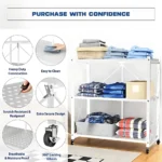 white foldable kitchen storage rack, 3 tier metal shelf with wheels, carbon steel storage rack, white rolling shelf, multipurpose organizer rack, foldable metal shelf for kitchen, 3 tier utility rack, home storage trolley, foldable storage unit with wheels