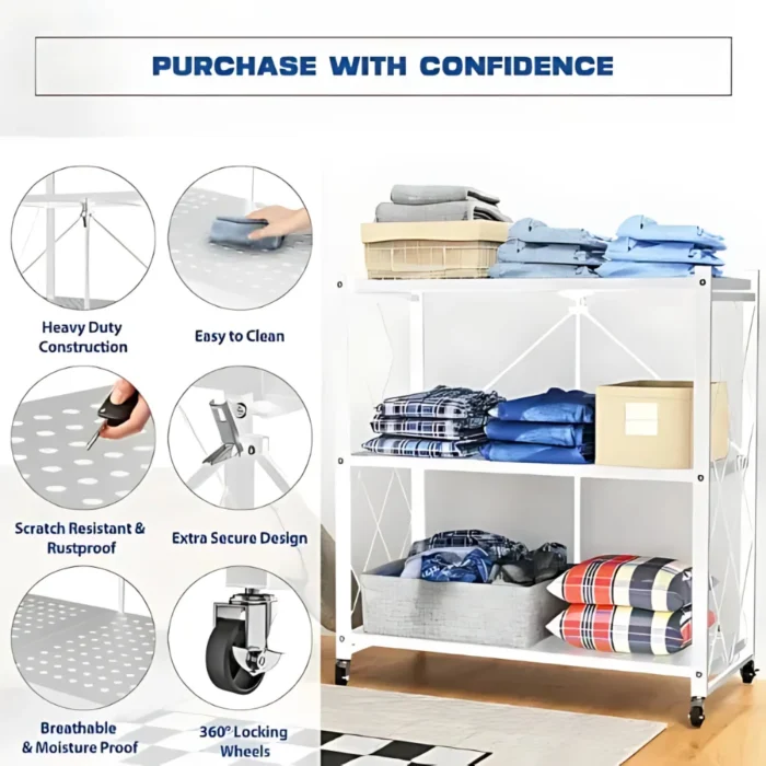 white foldable kitchen storage rack, 3 tier metal shelf with wheels, carbon steel storage rack, white rolling shelf, multipurpose organizer rack, foldable metal shelf for kitchen, 3 tier utility rack, home storage trolley, foldable storage unit with wheels