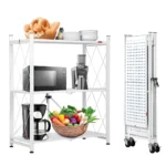 white foldable kitchen storage rack, 3 tier metal shelf with wheels, carbon steel storage rack, white rolling shelf, multipurpose organizer rack, foldable metal shelf for kitchen, 3 tier utility rack, home storage trolley, foldable storage unit with wheels