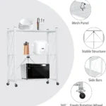 white foldable kitchen storage rack, 3 tier metal shelf with wheels, carbon steel storage rack, white rolling shelf, multipurpose organizer rack, foldable metal shelf for kitchen, 3 tier utility rack, home storage trolley, foldable storage unit with wheels