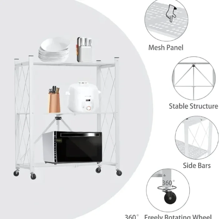 white foldable kitchen storage rack, 3 tier metal shelf with wheels, carbon steel storage rack, white rolling shelf, multipurpose organizer rack, foldable metal shelf for kitchen, 3 tier utility rack, home storage trolley, foldable storage unit with wheels