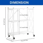 white foldable kitchen storage rack, 3 tier metal shelf with wheels, carbon steel storage rack, white rolling shelf, multipurpose organizer rack, foldable metal shelf for kitchen, 3 tier utility rack, home storage trolley, foldable storage unit with wheels