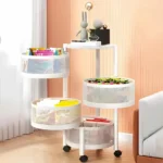 4 layer storage rack, oval storage trolley, white metal cart with wheels, kitchen storage cart, multipurpose trolley, revolving rack, storage solution with wheels, metal trolley for home