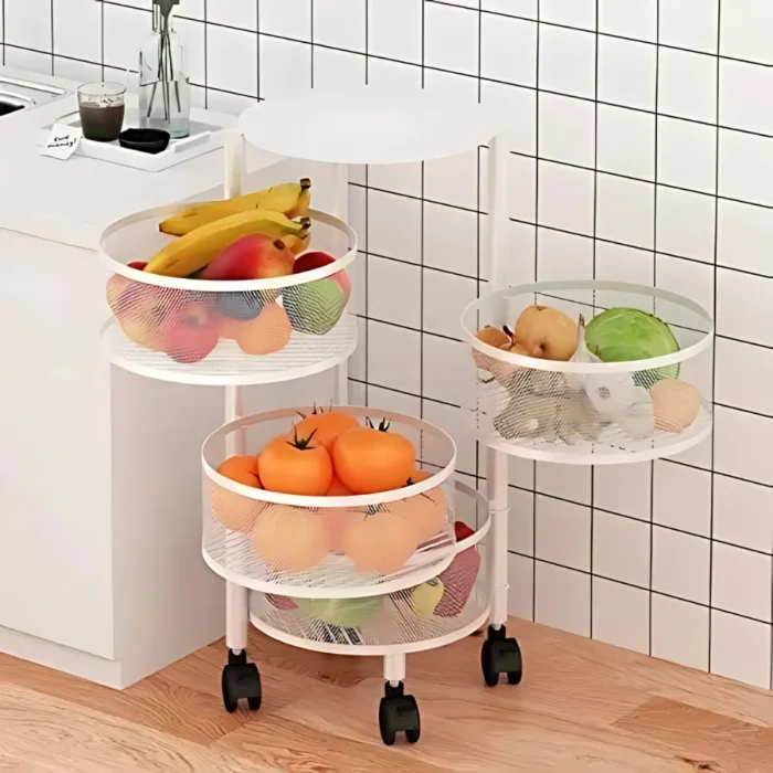 4 layer storage rack, oval storage trolley, white metal cart with wheels, kitchen storage cart, multipurpose trolley, revolving rack, storage solution with wheels, metal trolley for home