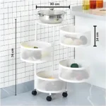 4 layer storage rack, oval storage trolley, white metal cart with wheels, kitchen storage cart, multipurpose trolley, revolving rack, storage solution with wheels, metal trolley for home