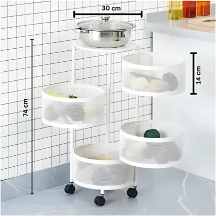 4 layer storage rack, oval storage trolley, white metal cart with wheels, kitchen storage cart, multipurpose trolley, revolving rack, storage solution with wheels, metal trolley for home