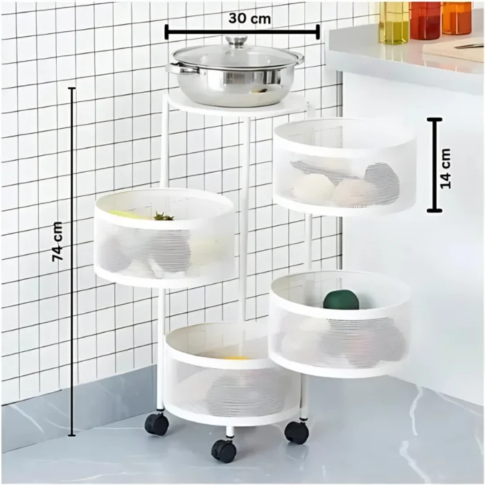 4 layer storage rack, oval storage trolley, white metal cart with wheels, kitchen storage cart, multipurpose trolley, revolving rack, storage solution with wheels, metal trolley for home