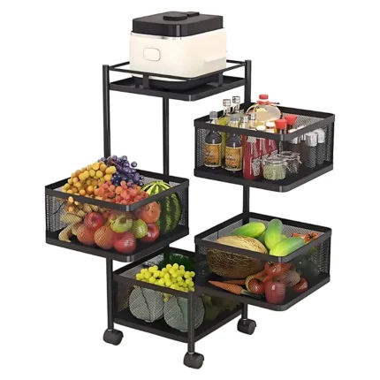 4 layer storage rack, 4 tier trolley, revolving kitchen rack, black storage cart, vegetable trolley with wheels, carbon steel kitchen rack, multi purpose storage rack, rotating basket stand