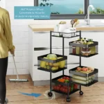 4 layer storage rack, 4 tier trolley, revolving kitchen rack, black storage cart, vegetable trolley with wheels, carbon steel kitchen rack, multi purpose storage rack, rotating basket stand