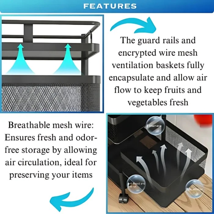 4 layer storage rack, 4 tier trolley, revolving kitchen rack, black storage cart, vegetable trolley with wheels, carbon steel kitchen rack, multi purpose storage rack, rotating basket stand