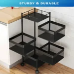 4 layer storage rack, 4 tier trolley, revolving kitchen rack, black storage cart, vegetable trolley with wheels, carbon steel kitchen rack, multi purpose storage rack, rotating basket stand