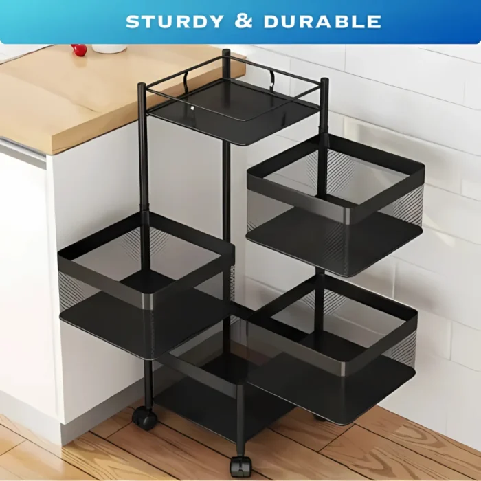 4 layer storage rack, 4 tier trolley, revolving kitchen rack, black storage cart, vegetable trolley with wheels, carbon steel kitchen rack, multi purpose storage rack, rotating basket stand