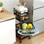 4 layer storage rack, 4 tier trolley, revolving kitchen rack, black storage cart, vegetable trolley with wheels, carbon steel kitchen rack, multi purpose storage rack, rotating basket stand