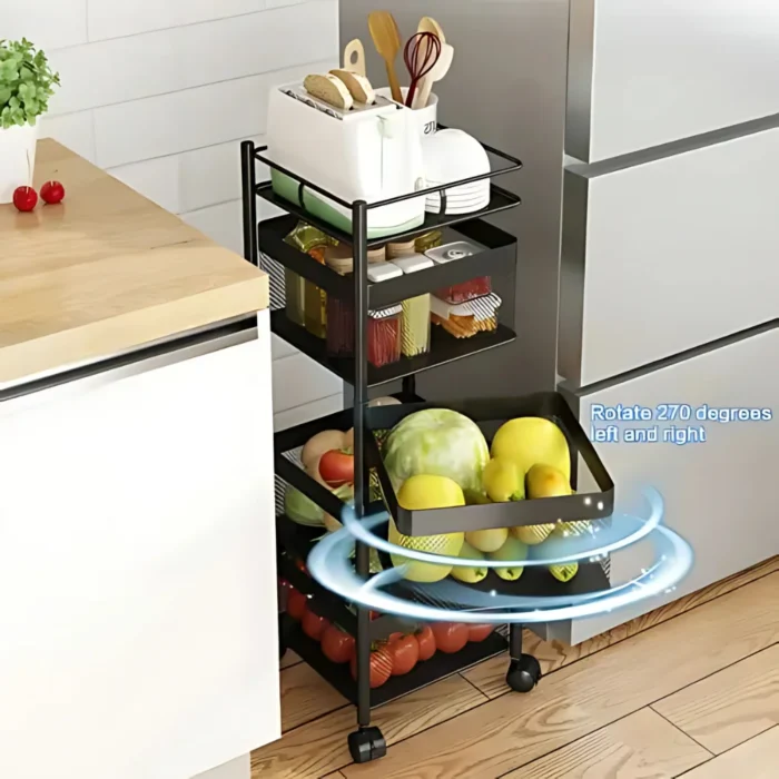 4 layer storage rack, 4 tier trolley, revolving kitchen rack, black storage cart, vegetable trolley with wheels, carbon steel kitchen rack, multi purpose storage rack, rotating basket stand