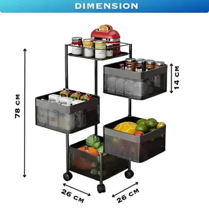 4 layer storage rack, 4 tier trolley, revolving kitchen rack, black storage cart, vegetable trolley with wheels, carbon steel kitchen rack, multi purpose storage rack, rotating basket stand