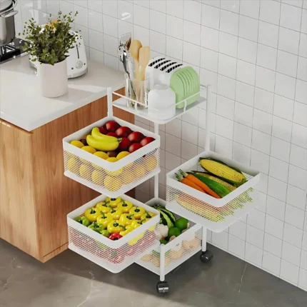 4 layer kitchen rack, white storage trolley, multipurpose cart with wheels, revolving kitchen trolley, 4 tier storage rack, white kitchen organizer, metal mesh trolley cart, vegetable rack with wheels, fruit and vegetable trolley, foldable kitchen storage rack, storage rack for kitchen in Dubai, kitchen rack on wheels UAE, multipurpose trolley Dubai