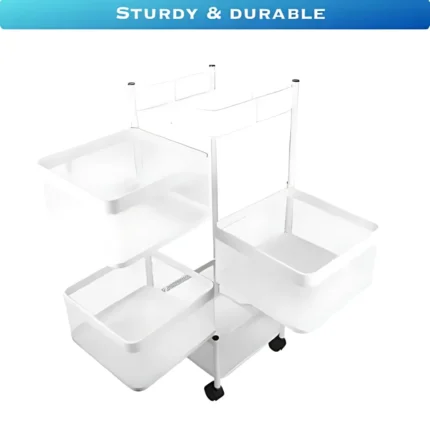 4 layer kitchen rack, white storage trolley, multipurpose cart with wheels, revolving kitchen trolley, 4 tier storage rack, white kitchen organizer, metal mesh trolley cart, vegetable rack with wheels, fruit and vegetable trolley, foldable kitchen storage rack, storage rack for kitchen in Dubai, kitchen rack on wheels UAE, multipurpose trolley Dubai