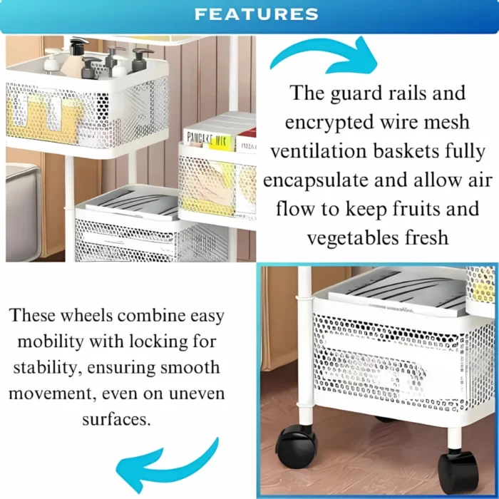 4 layer kitchen rack, white storage trolley, multipurpose cart with wheels, revolving kitchen trolley, 4 tier storage rack, white kitchen organizer, metal mesh trolley cart, vegetable rack with wheels, fruit and vegetable trolley, foldable kitchen storage rack, storage rack for kitchen in Dubai, kitchen rack on wheels UAE, multipurpose trolley Dubai