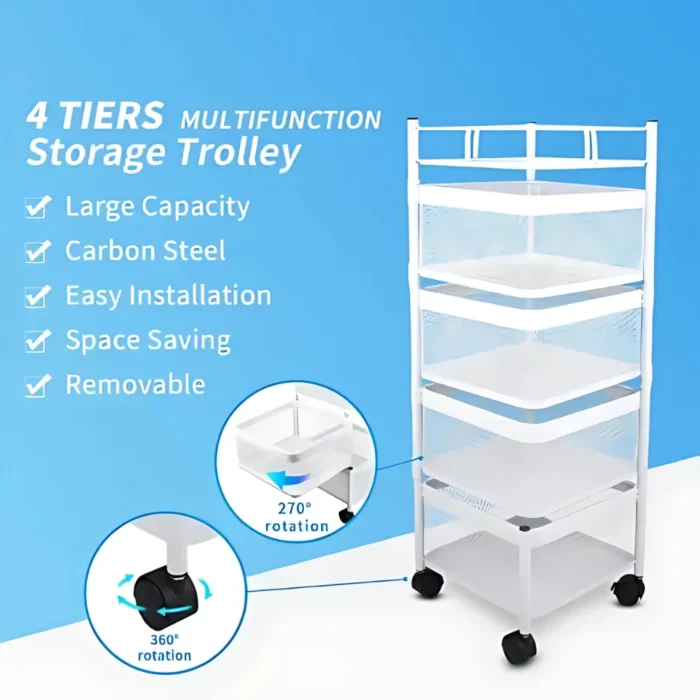 4 layer kitchen rack, white storage trolley, multipurpose cart with wheels, revolving kitchen trolley, 4 tier storage rack, white kitchen organizer, metal mesh trolley cart, vegetable rack with wheels, fruit and vegetable trolley, foldable kitchen storage rack, storage rack for kitchen in Dubai, kitchen rack on wheels UAE, multipurpose trolley Dubai