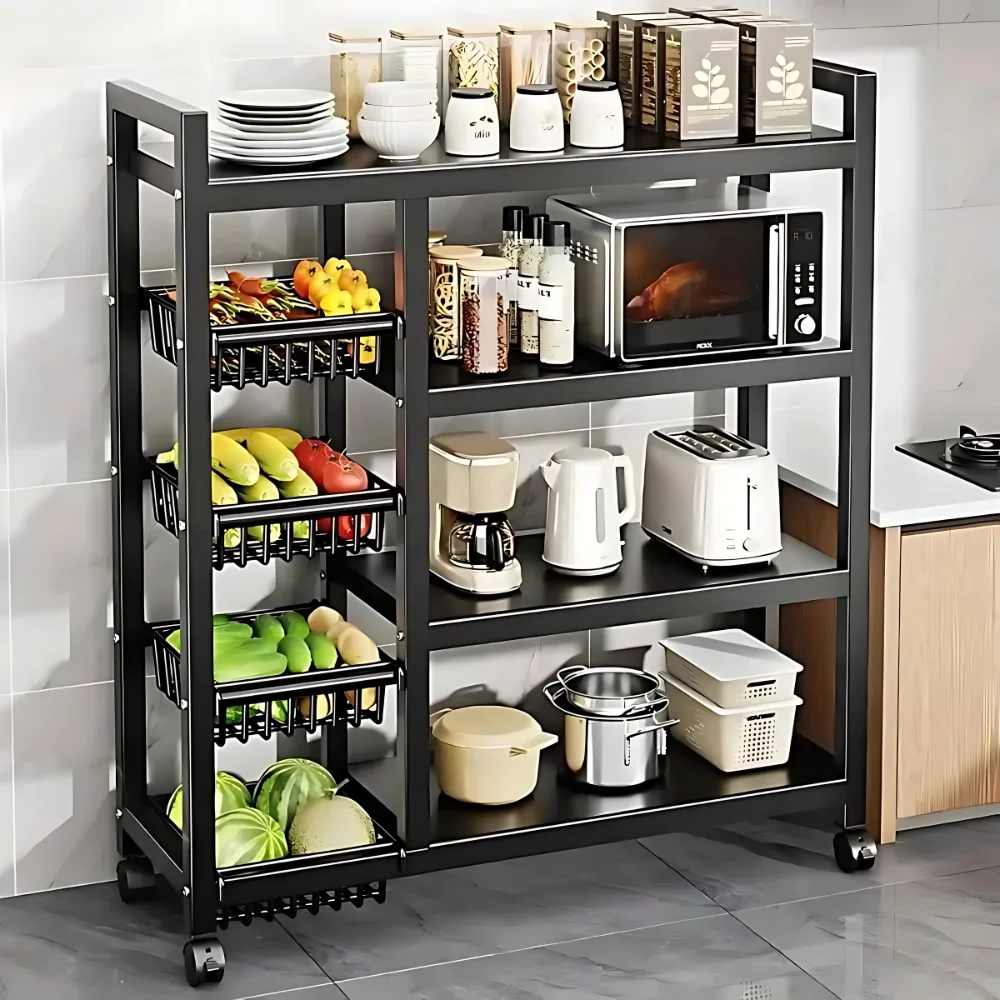 kitchen shelf rack, 4 tier metal shelf, kitchen storage rack, carbon steel kitchen stand, microwave shelf rack, oven rack with wheels, kitchen organizer rack, mobile kitchen rack, pantry shelving unit