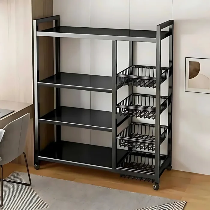 kitchen shelf rack, 4 tier metal shelf, kitchen storage rack, carbon steel kitchen stand, microwave shelf rack, oven rack with wheels, kitchen organizer rack, mobile kitchen rack, pantry shelving unit
