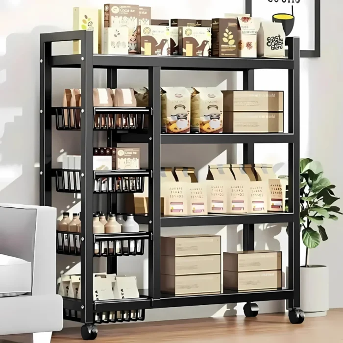 kitchen shelf rack, 4 tier metal shelf, kitchen storage rack, carbon steel kitchen stand, microwave shelf rack, oven rack with wheels, kitchen organizer rack, mobile kitchen rack, pantry shelving unit