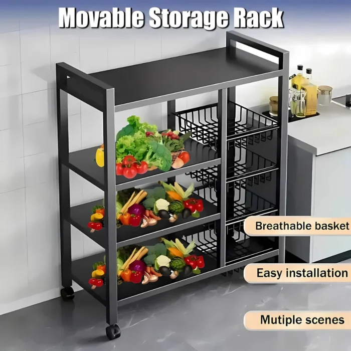 kitchen shelf rack, 4 tier metal shelf, kitchen storage rack, carbon steel kitchen stand, microwave shelf rack, oven rack with wheels, kitchen organizer rack, mobile kitchen rack, pantry shelving unit