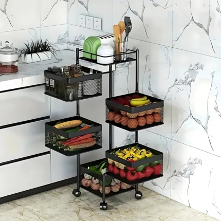 5 LAYER STORAGE RACK – REVOLVING MULTI PURPOSE TROLLEY WITH WHEELS IN BLACK