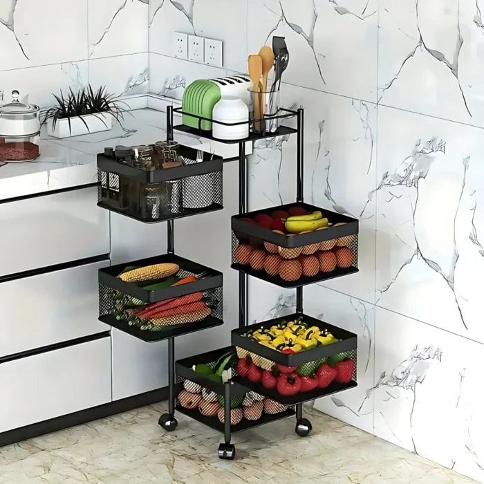 5 LAYER STORAGE RACK – REVOLVING MULTI PURPOSE TROLLEY WITH WHEELS IN BLACK
