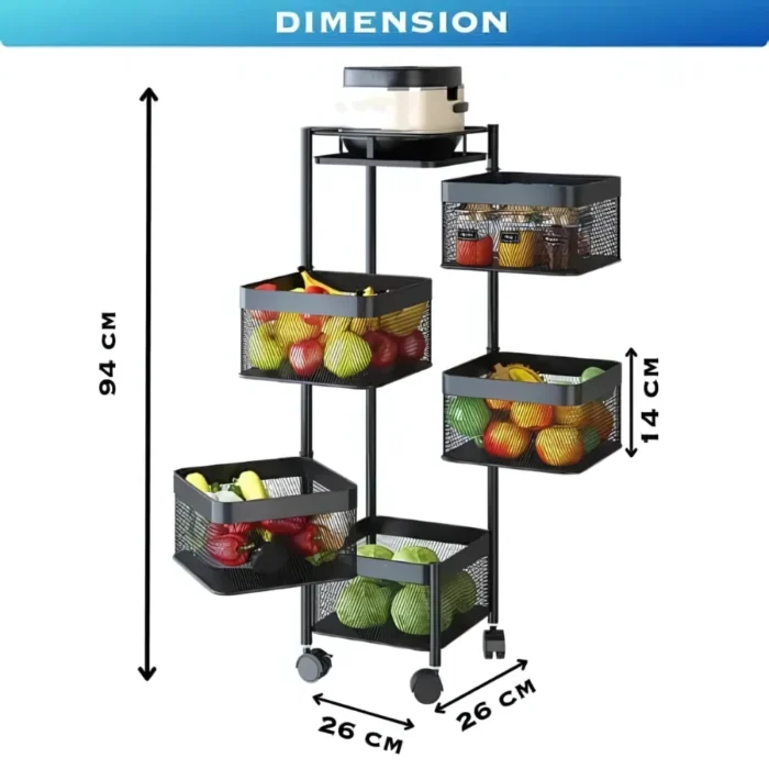 5 LAYER STORAGE RACK – REVOLVING MULTI PURPOSE TROLLEY WITH WHEELS IN BLACK