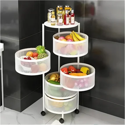 5 Layer Oval Revolving Storage Rack, white metal trolley, storage cart with wheels, 5 tier kitchen rack, multipurpose storage rack, bathroom storage rack, metal utility trolley