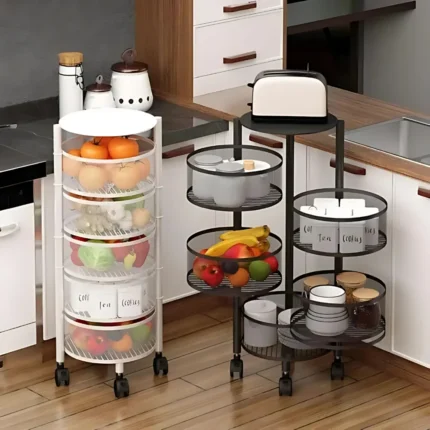 5 Layer Oval Revolving Storage Rack, white metal trolley, storage cart with wheels, 5 tier kitchen rack, multipurpose storage rack, bathroom storage rack, metal utility trolley