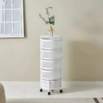 5 Layer Oval Revolving Storage Rack, white metal trolley, storage cart with wheels, 5 tier kitchen rack, multipurpose storage rack, bathroom storage rack, metal utility trolley