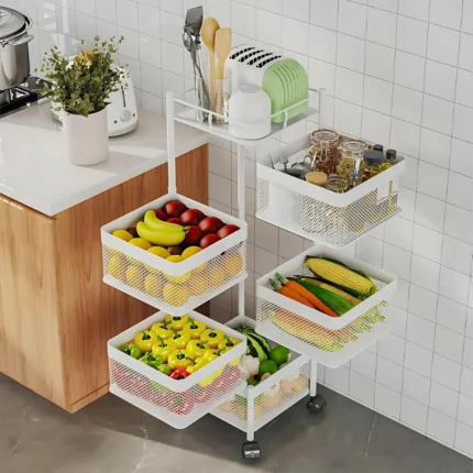 5 layer revolving rack in Sri Lanka, white kitchen trolley Sri Lanka, 5 tier storage cart Colombo, multi purpose cart with wheels, square rack in Sri Lanka, fruit and vegetable rack Sri Lanka, storage basket trolley Sri Lanka