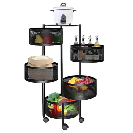5 layer storage rack, 5 tier kitchen cart, black multi purpose trolley, revolving basket rack, rotating kitchen cart, oval storage trolley, storage rack in Sri Lanka, kitchen organizer in Sri Lanka, vegetable rack in Sri Lanka, fruit trolley in Sri Lanka